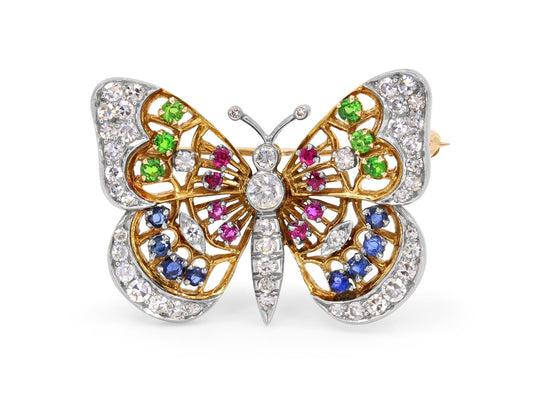 Mid-Century Diamond and Gemstone Butterfly Brooch in 18K and Platinum