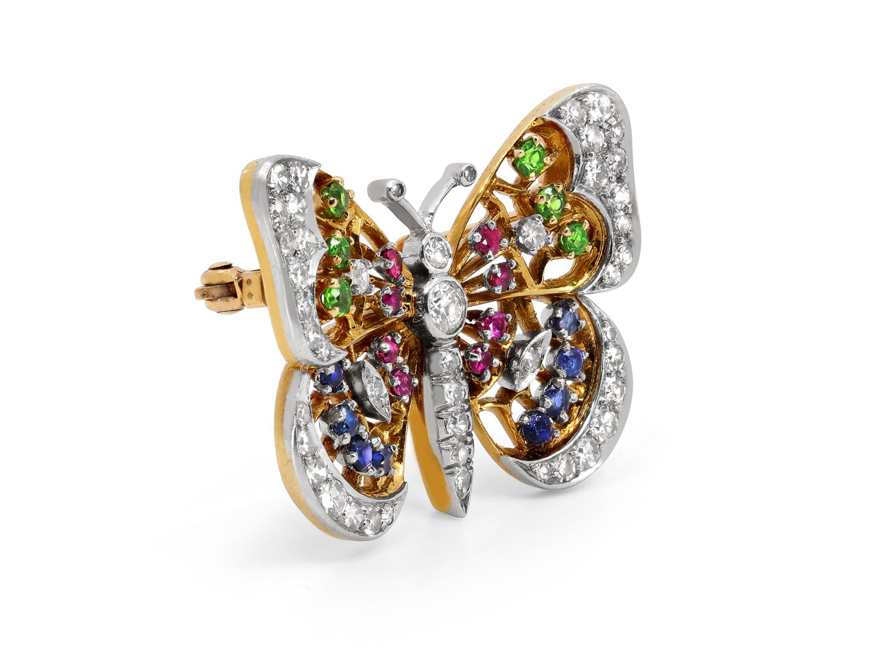 Mid-Century Diamond and Gemstone Butterfly Brooch in 18K and Platinum