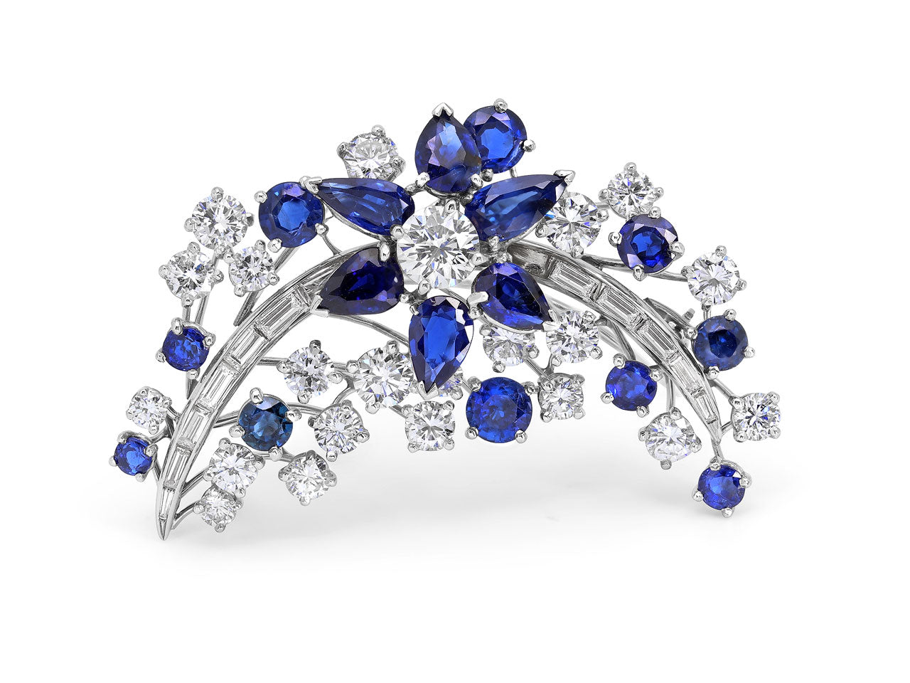 Mid-Century Sapphire and Diamond Brooch in Platinum