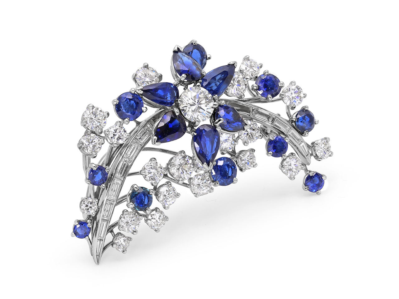 Mid-Century Sapphire and Diamond Brooch in Platinum