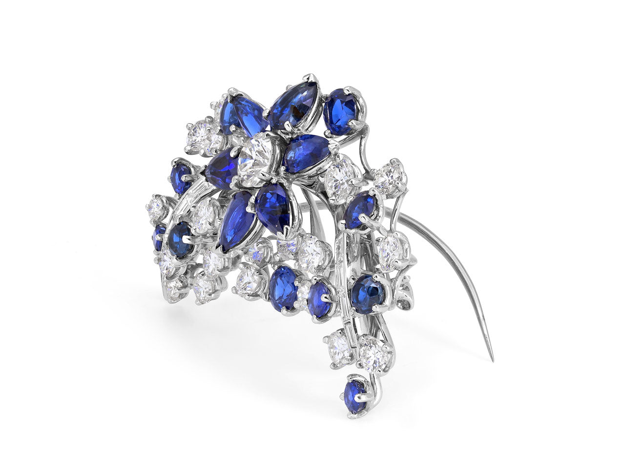 Mid-Century Sapphire and Diamond Brooch in Platinum