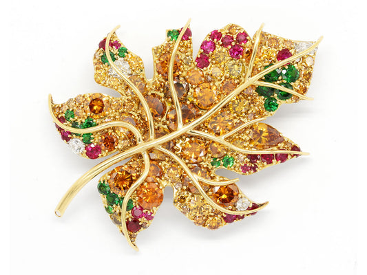 Friedrich Yellow, Brown and Orange Diamond, Emerald and Ruby 'Maple Leaf' Brooch in 18K