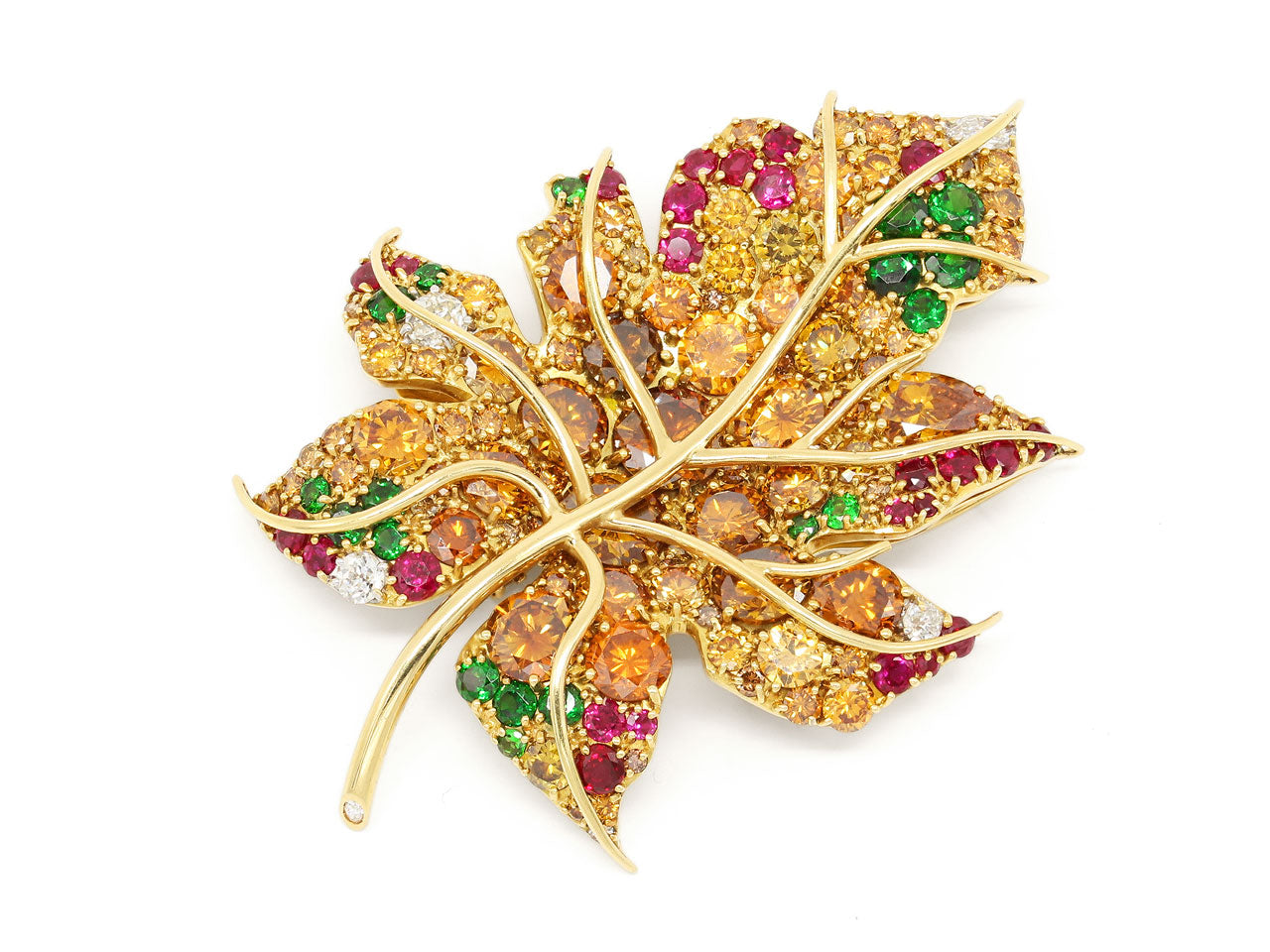 Friedrich Yellow, Brown and Orange Diamond, Emerald and Ruby 'Maple Leaf' Brooch in 18K