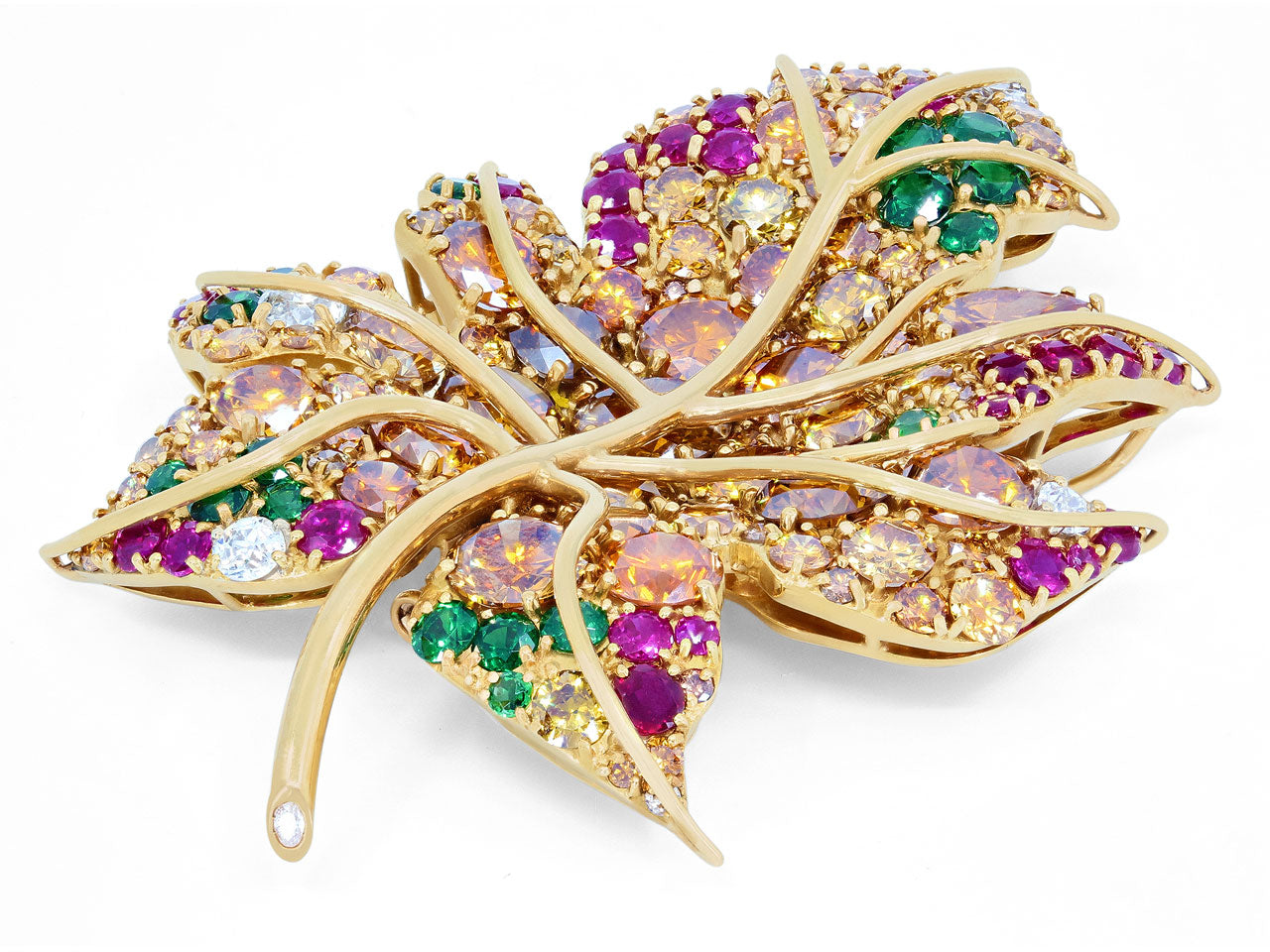 Friedrich Yellow, Brown and Orange Diamond, Emerald and Ruby 'Maple Leaf' Brooch in 18K