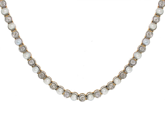 Antique Edwardian Natural Pearl and Diamond Necklace in 14K