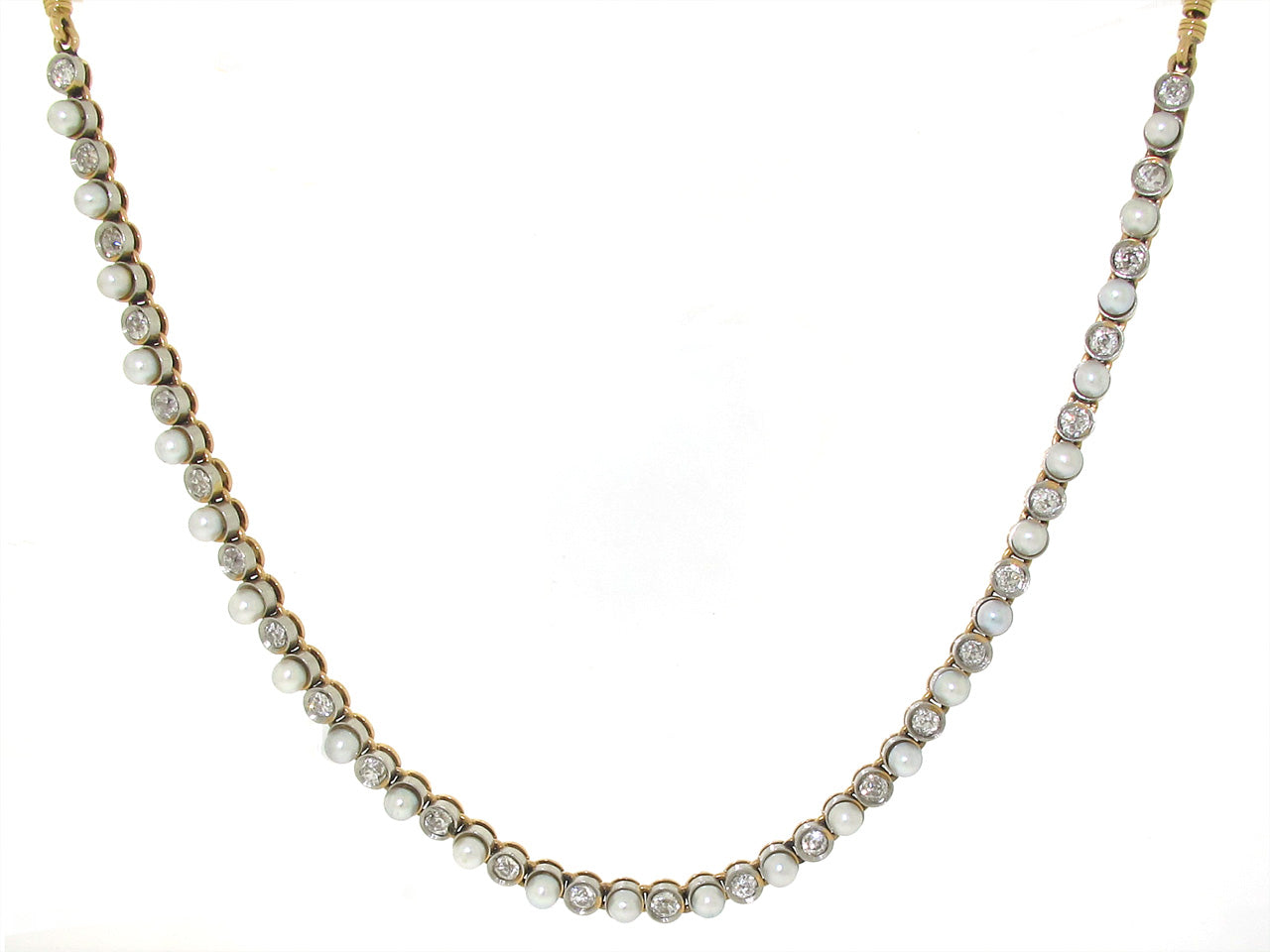 Antique Edwardian Natural Pearl and Diamond Necklace in 14K