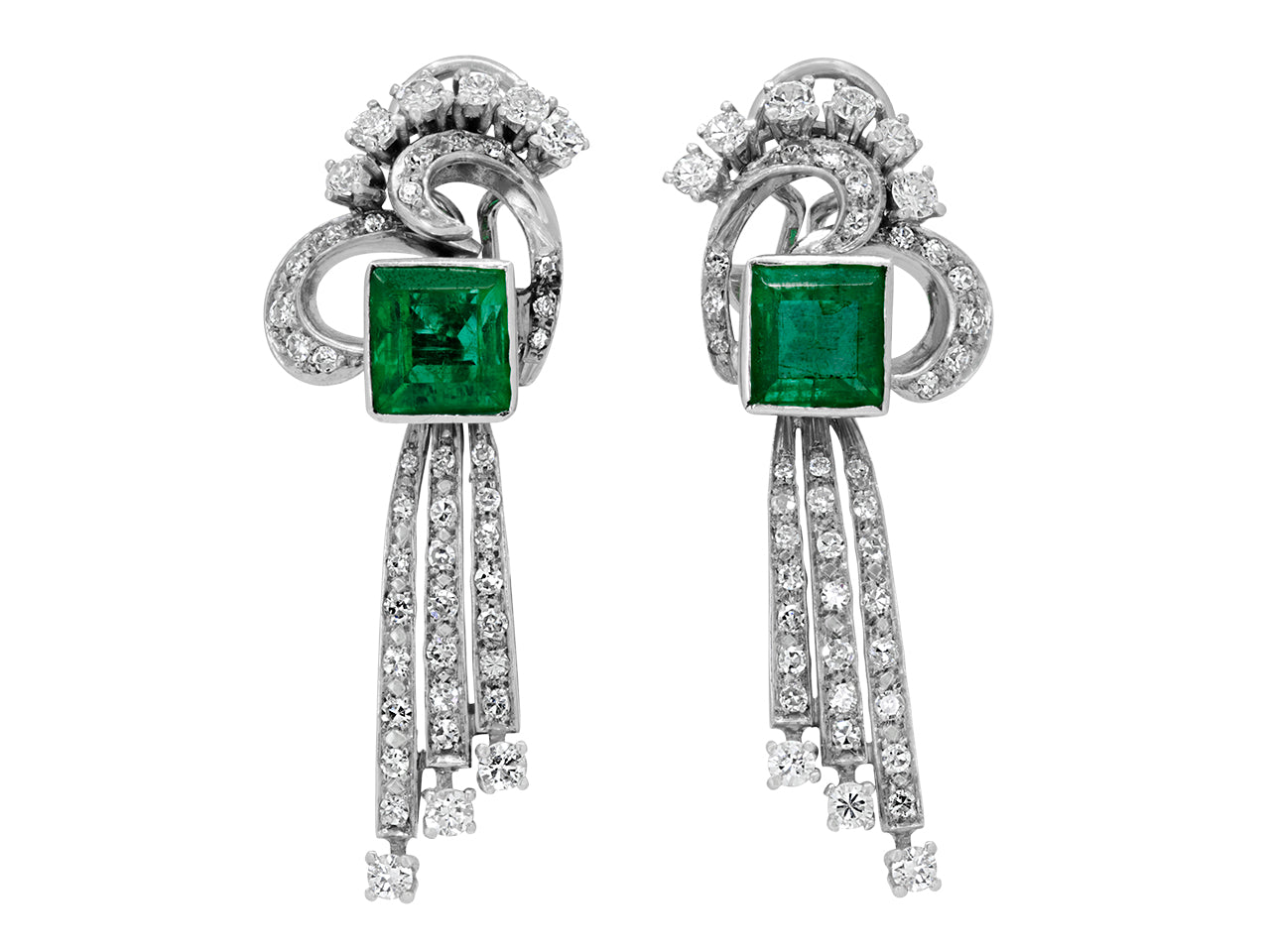 Mid-Century Emerald and Diamond Earrings in 18K White Gold