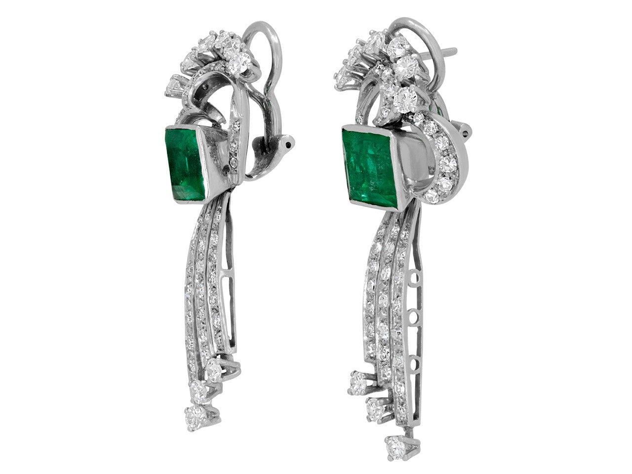 Mid-Century Emerald and Diamond Earrings in 18K White Gold