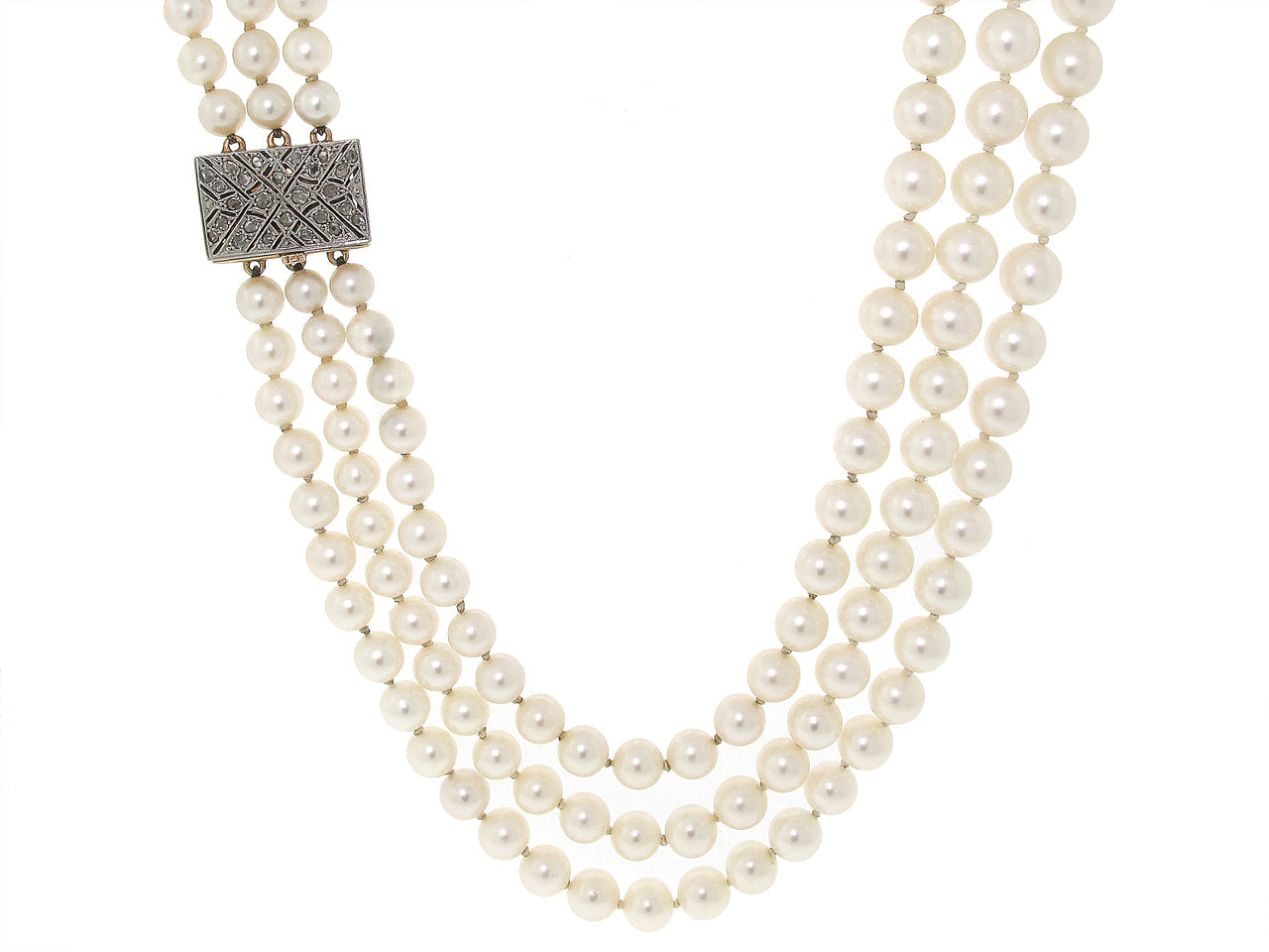 Mid-Century Triple Strand Cultured Pearl Necklace in 18K Gold