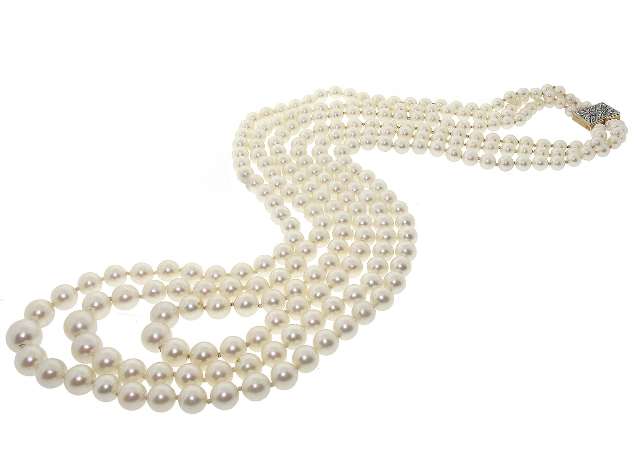 Mid-Century Triple Strand Cultured Pearl Necklace in 18K Gold