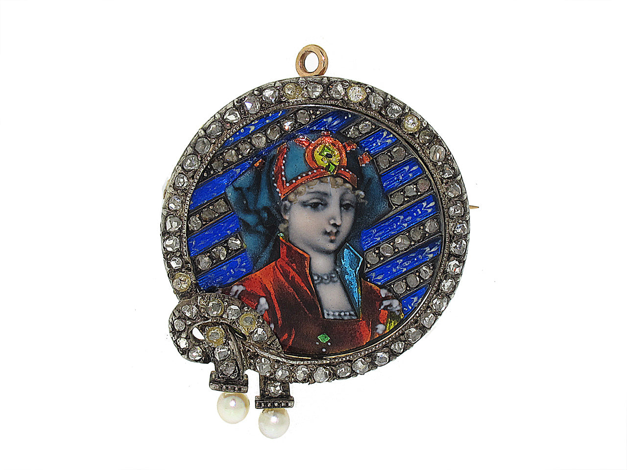 Antique Victorian Diamond and Limoges Enamel Portrait Brooch