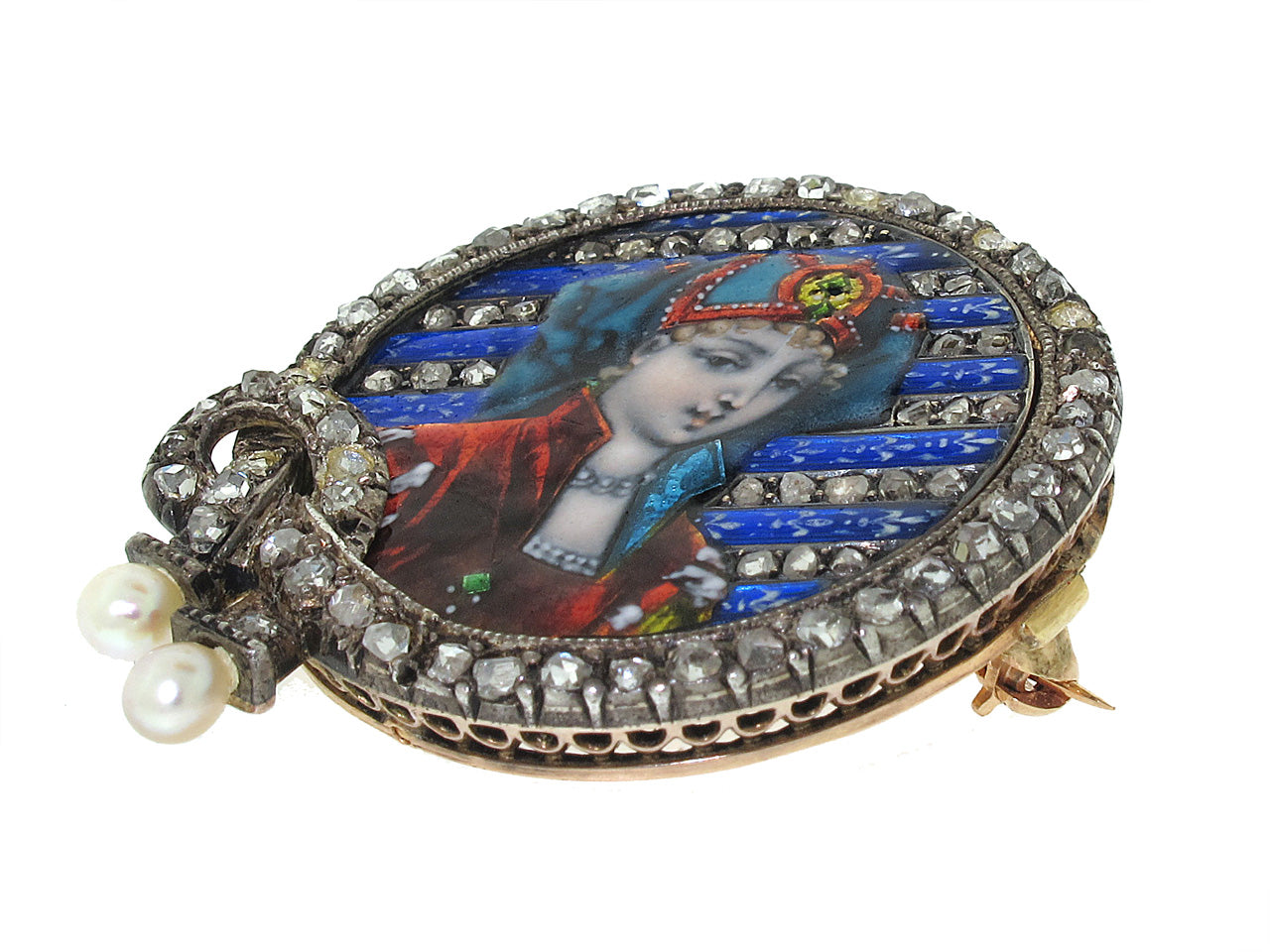 Antique Victorian Diamond and Limoges Enamel Portrait Brooch