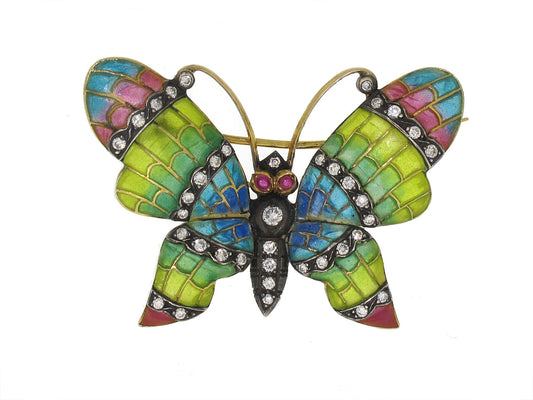 Diamond Plique-à-jour Butterfly Brooch in 18K