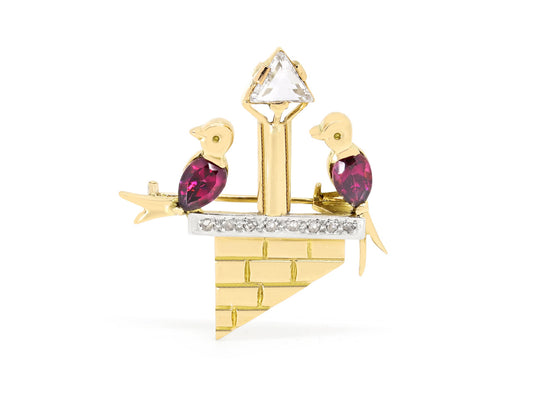 Retro Diamond and Garnet Love Bird Brooch in 18K