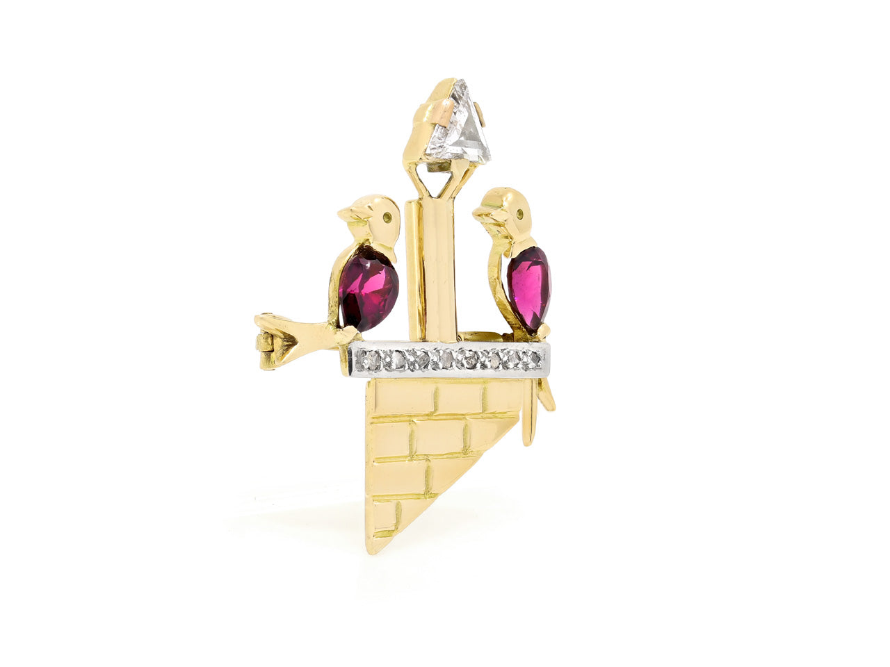 Retro Diamond and Garnet Love Bird Brooch in 18K