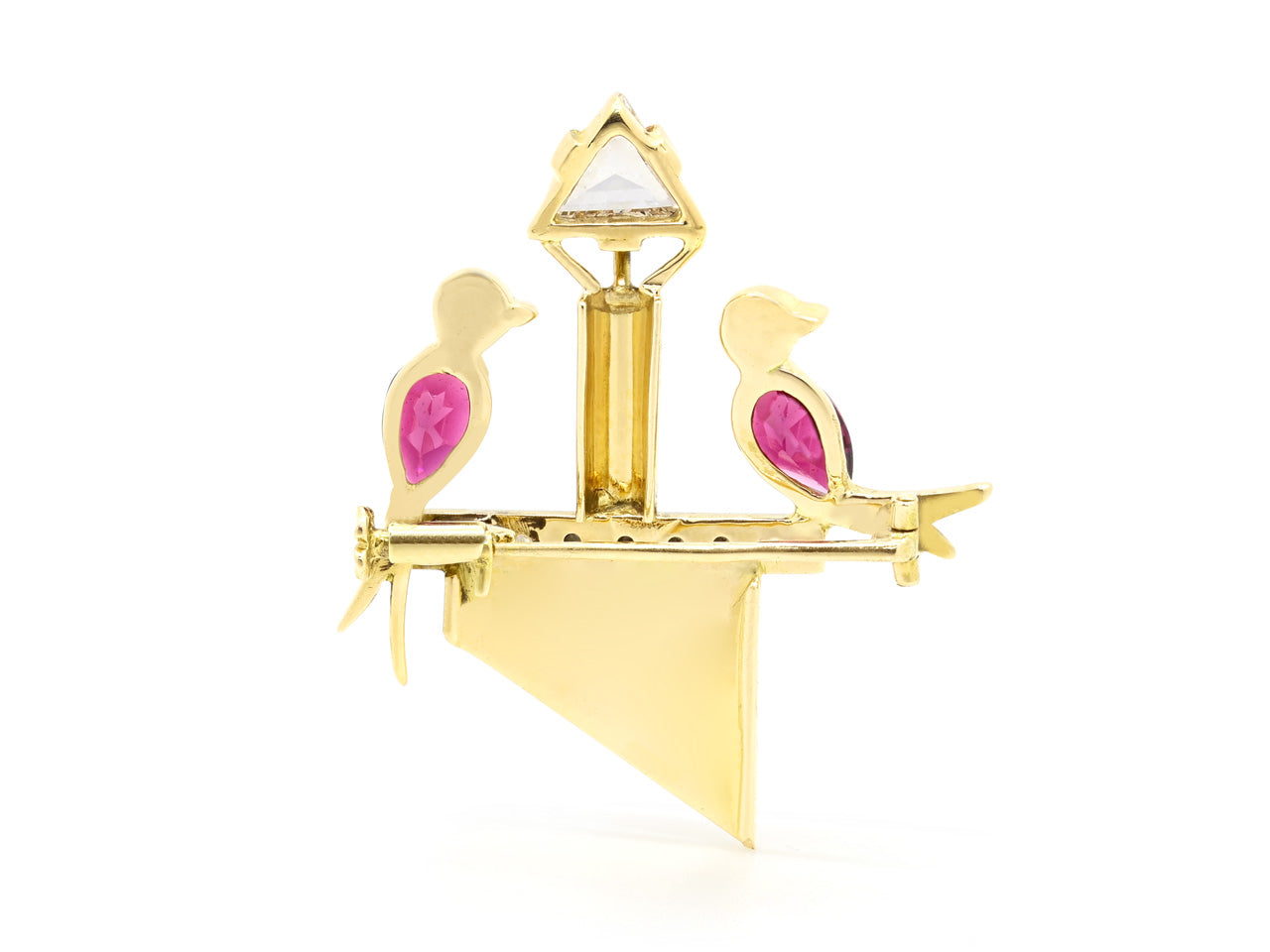 Retro Diamond and Garnet Love Bird Brooch in 18K