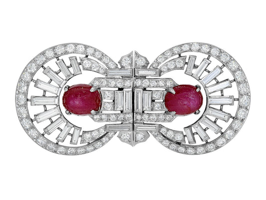 Art Deco Star Ruby and Diamond Double Clip Brooch in Platinum