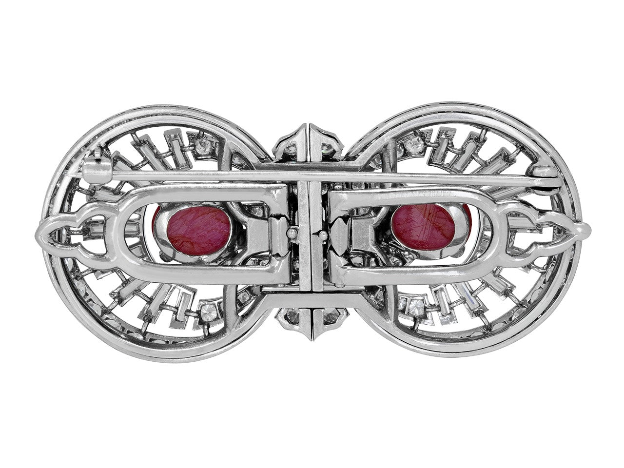 Art Deco Star Ruby and Diamond Double Clip Brooch in Platinum