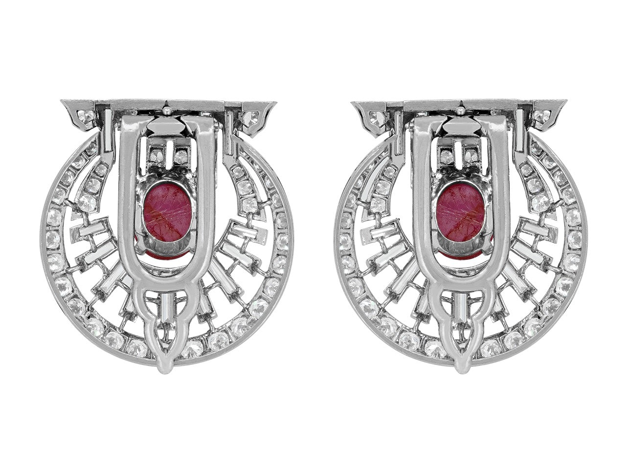 Art Deco Star Ruby and Diamond Double Clip Brooch in Platinum