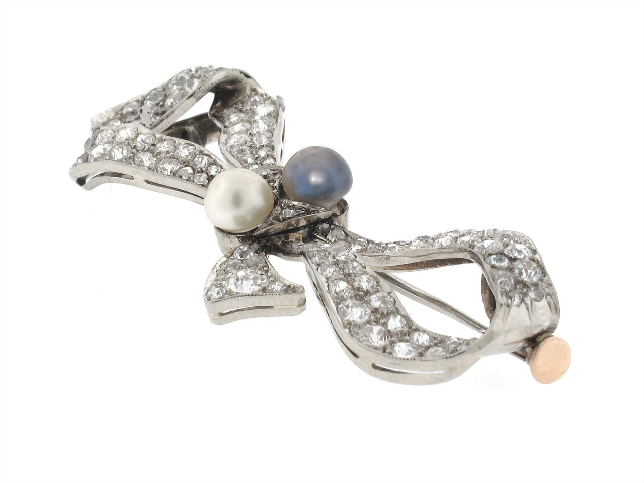 Antique Edwardian Diamond and Natural Pearl Bow Brooch in Platinum