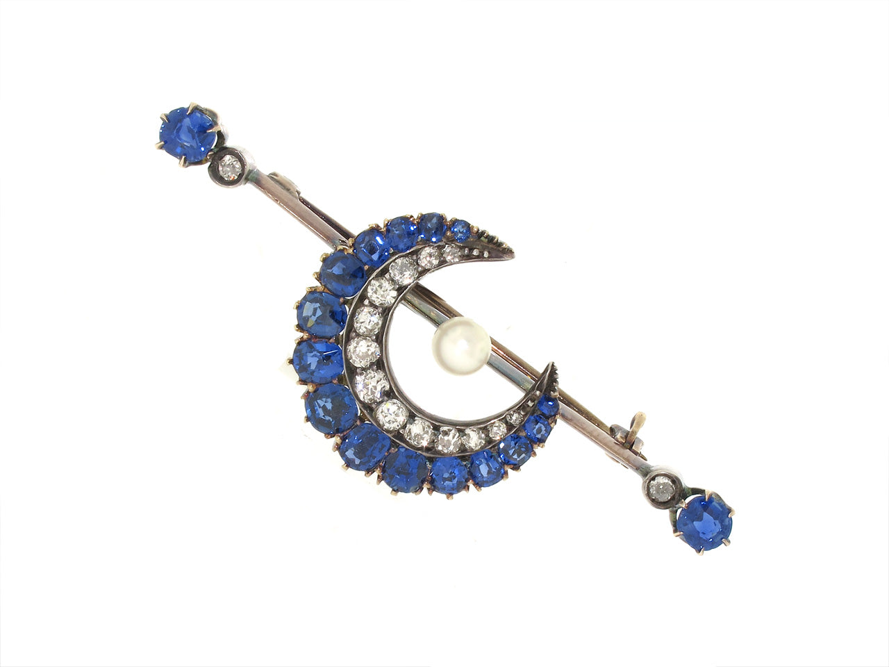 Antique Victorian Sapphire and Diamond Crescent Brooch