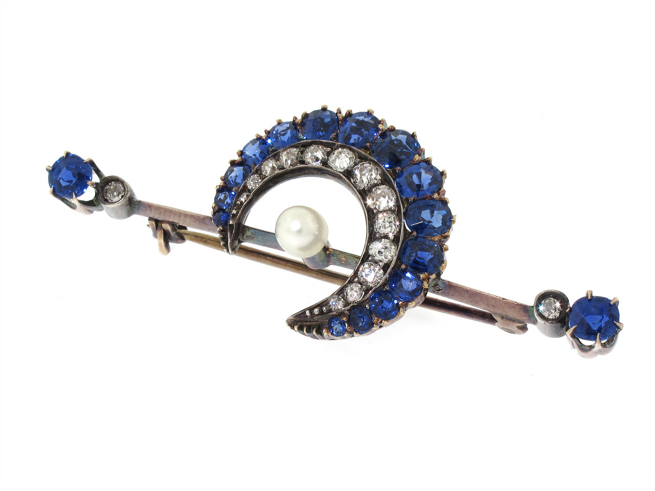 Antique Victorian Sapphire and Diamond Crescent Brooch