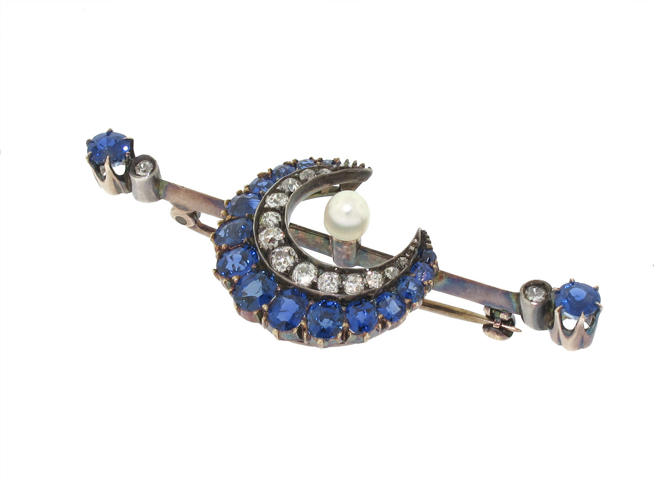 Antique Victorian Sapphire and Diamond Crescent Brooch