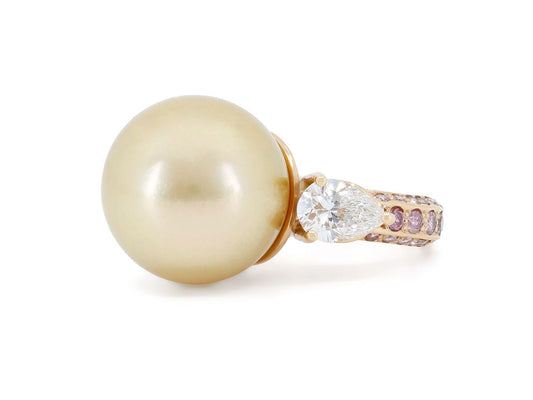 Gold South Sea Pearl and Pink and White Diamond Ring in 18K