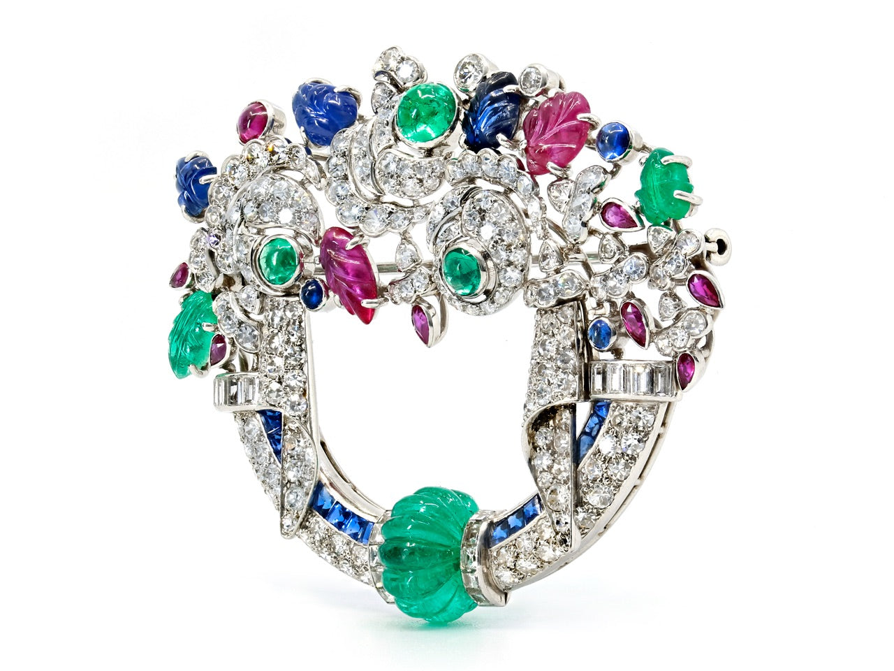 Art Deco Tutti Frutti Gemstone and Diamond Brooch in Platinum