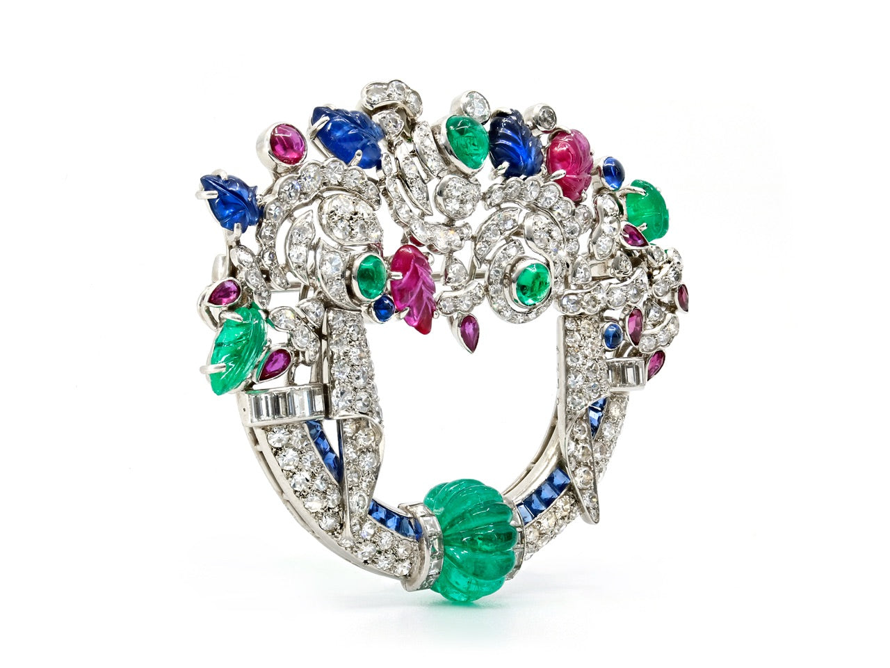 Art Deco Tutti Frutti Gemstone and Diamond Brooch in Platinum