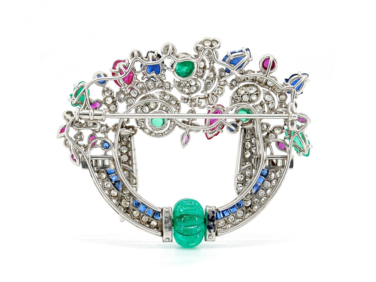 Art Deco Tutti Frutti Gemstone and Diamond Brooch in Platinum