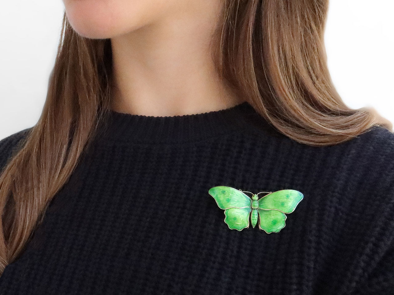 Antique Child & Child Green Enamel Butterfly Brooch in Sterling Silver