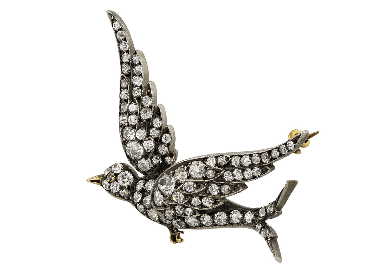 Antique Victorian Diamond Bird Brooch in Silver and Gold