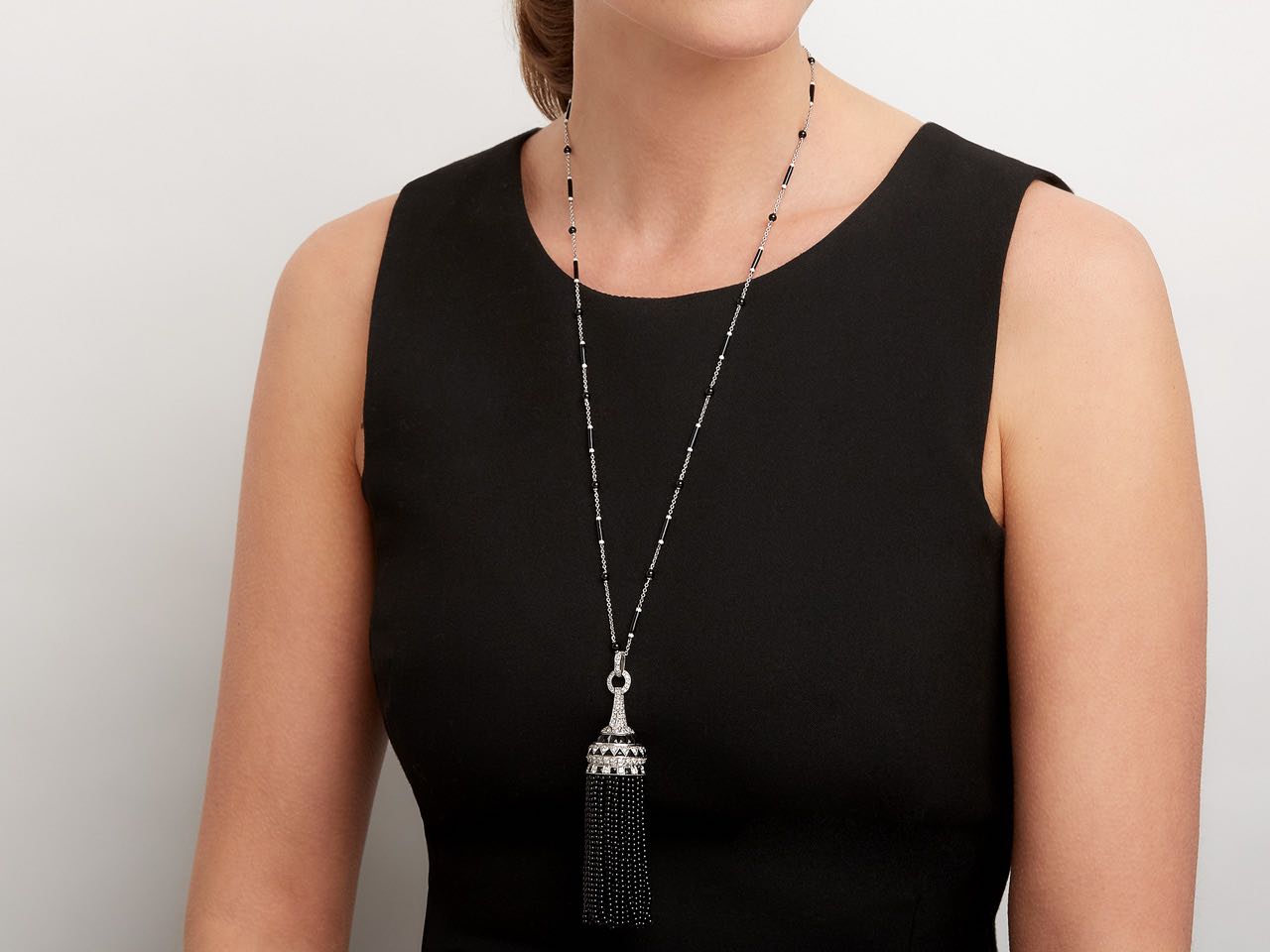 Black Onyx and White Enamel Diamond Tassel Necklace in 18K