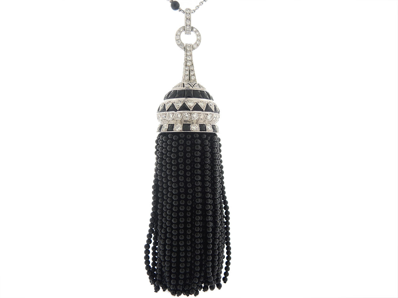 Black Onyx and White Enamel Diamond Tassel Necklace in 18K