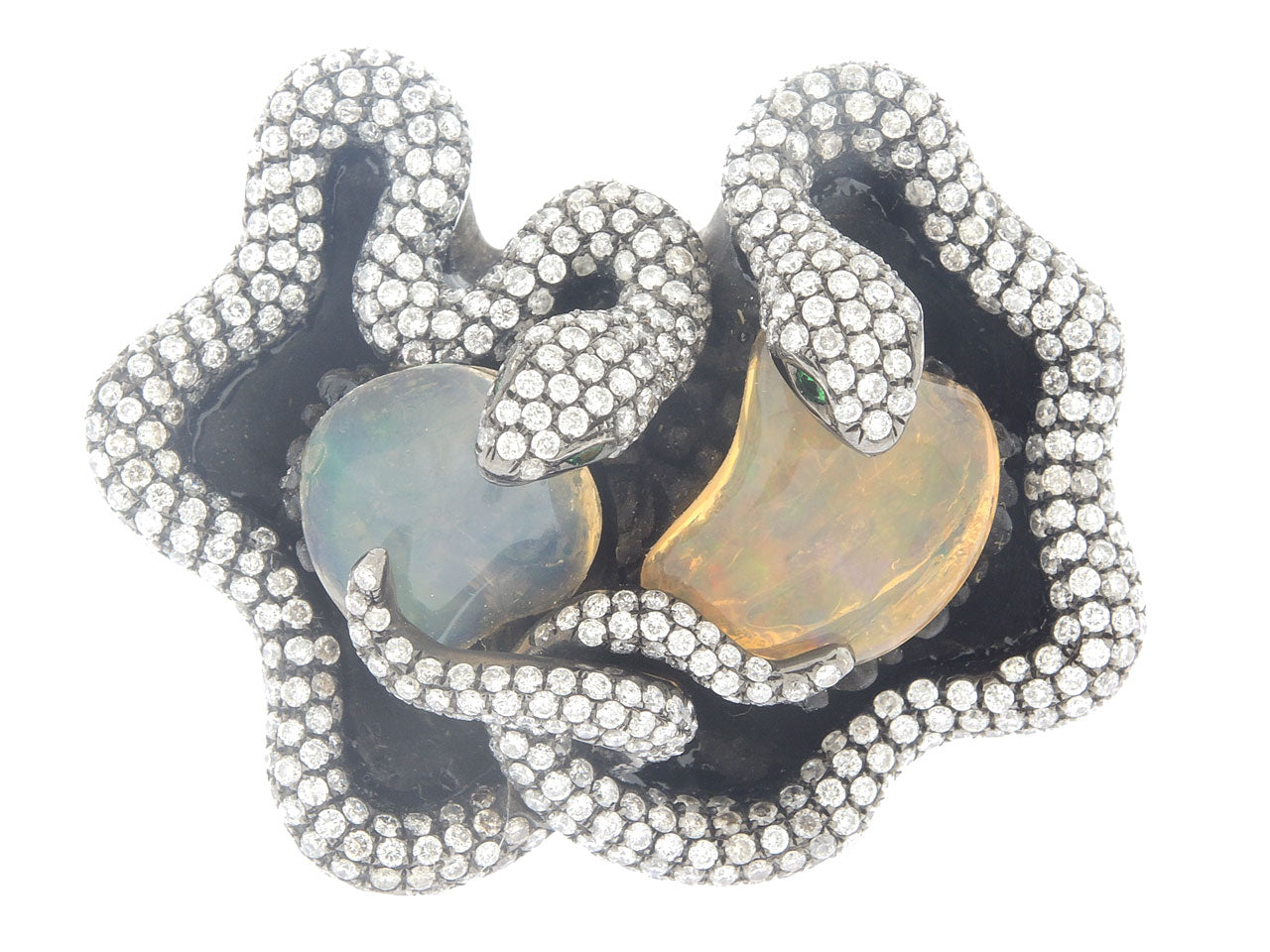 Dramatic Ebony Snake Ring with Mexican Opals and Diamonds in 18K