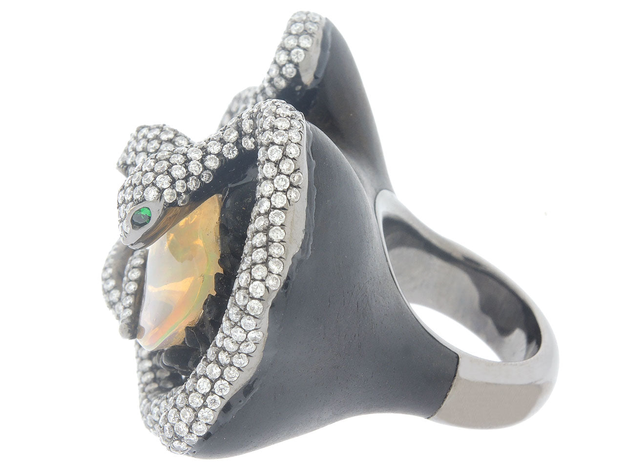 Dramatic Ebony Snake Ring with Mexican Opals and Diamonds in 18K