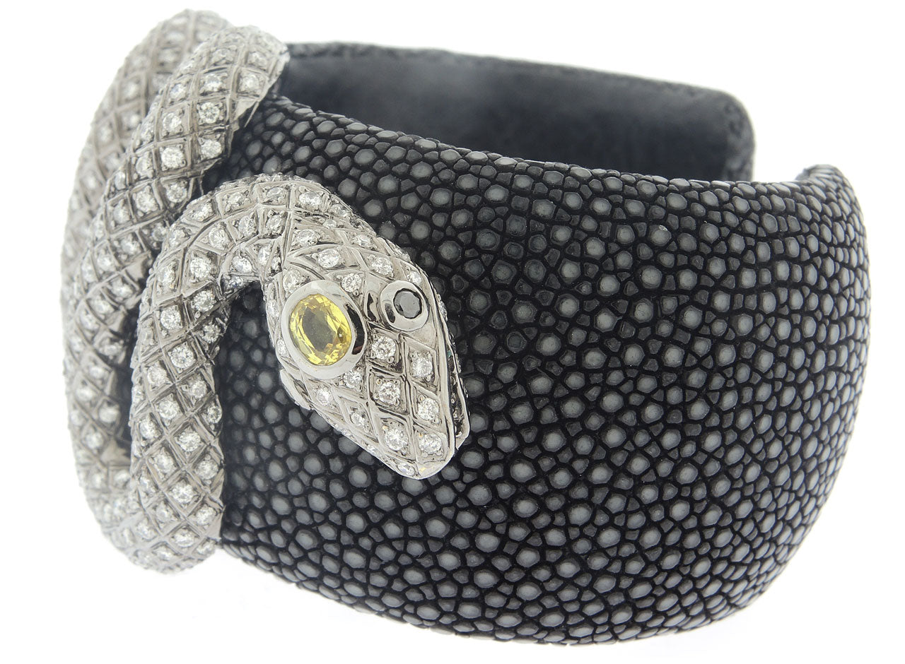 Diamond Snake Leather Cuff Bracelet in 18K