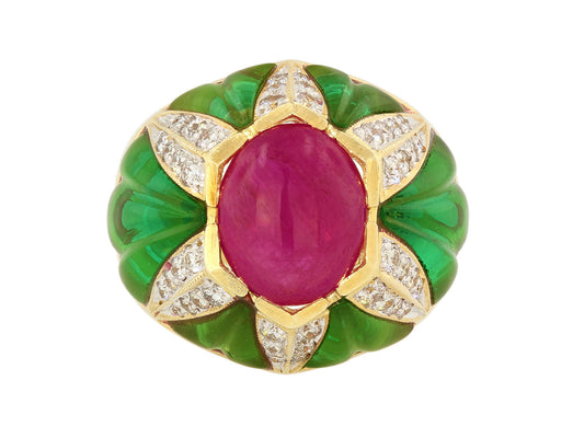 Cabochon Ruby, Diamond and Green Glass Ring in 18K Gold