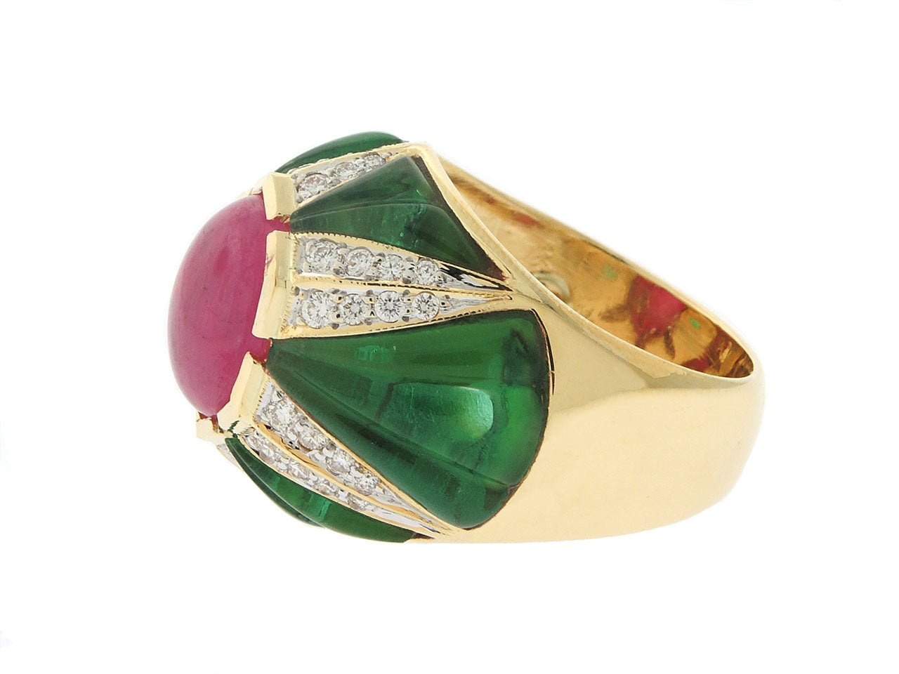 Cabochon Ruby, Diamond and Green Glass Ring in 18K Gold