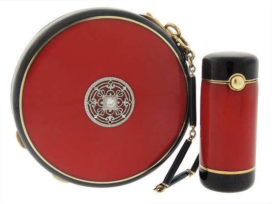 Art Deco Enamel Compact and Lipstick Holder in 14K and Silver Gilt