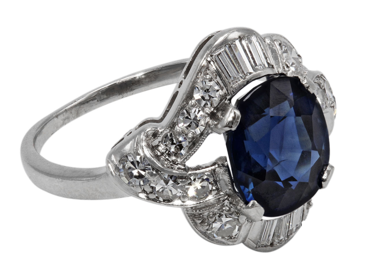 Mid-Century Cambodian No Heat Sapphire and Diamond Ring in Platinum