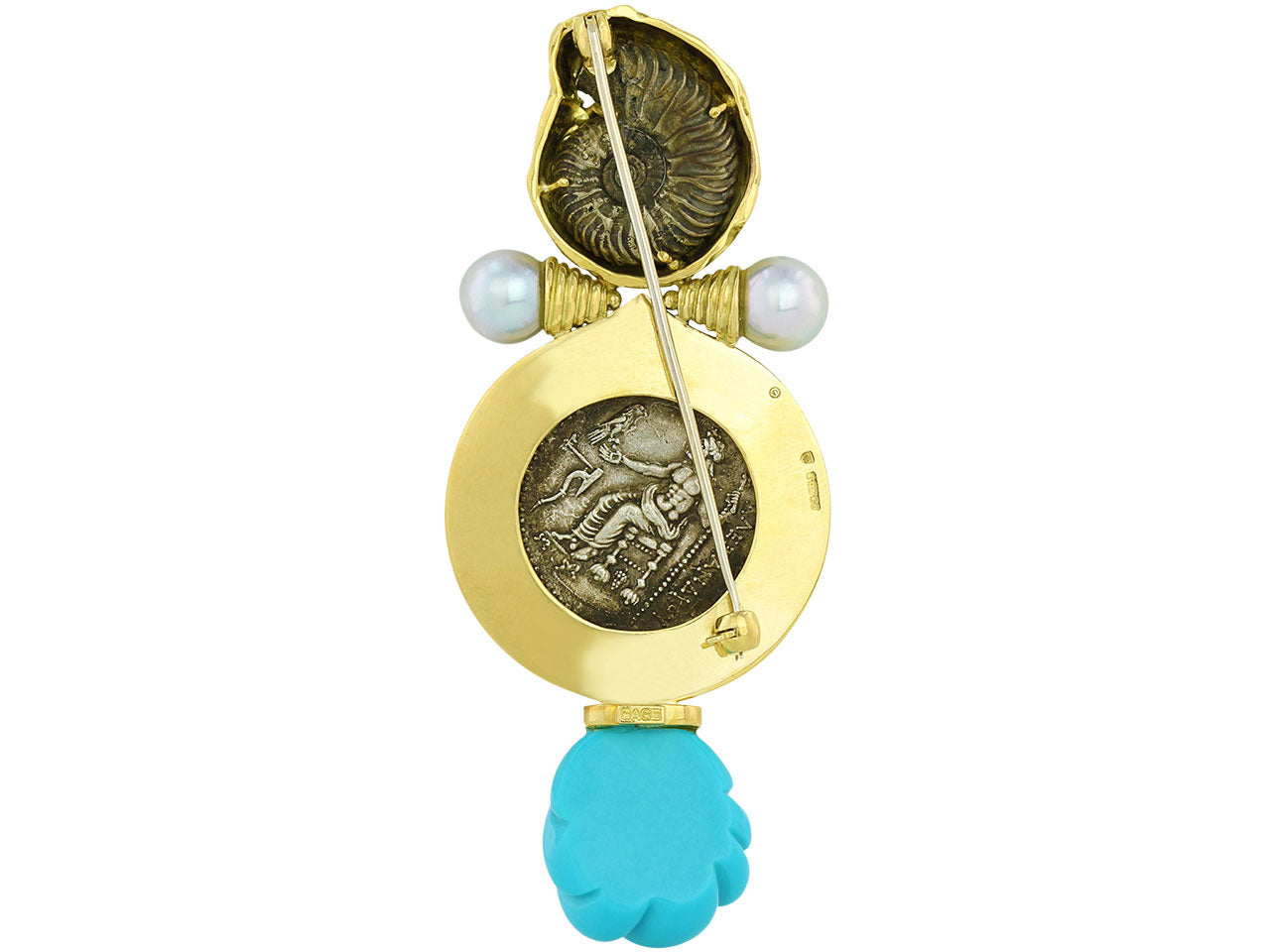 Elizabeth Gage Ancient Coin, Pearl and Turquoise Brooch in 18K