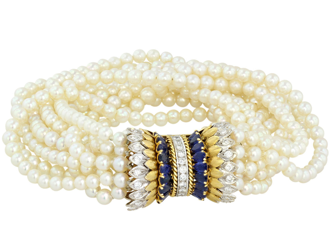 Pearl, Diamond, and Sapphire Torsade Bracelet in 14K and Platinum