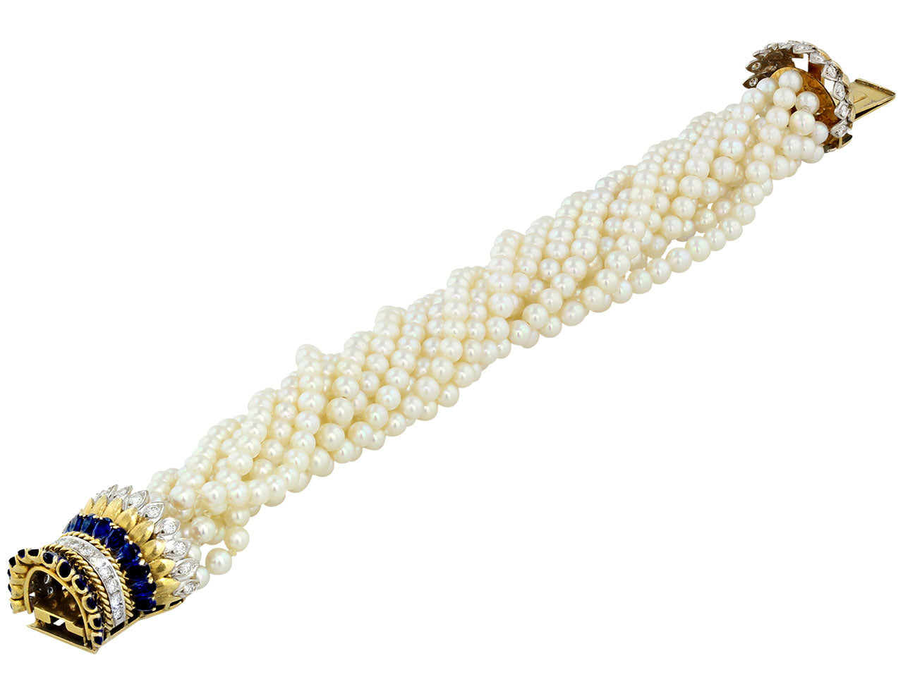 Pearl, Diamond, and Sapphire Torsade Bracelet in 14K and Platinum