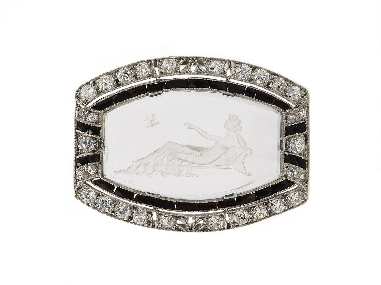 Art Deco Crystal, Diamond and Onyx Brooch in Platinum