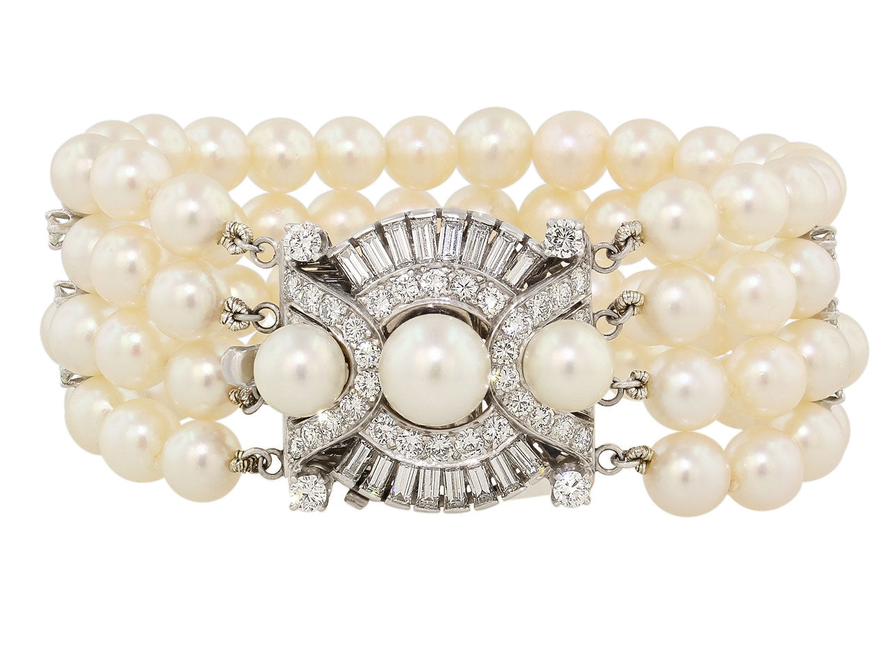 Four Strand Cultured Pearl and Diamond Bracelet in Platinum