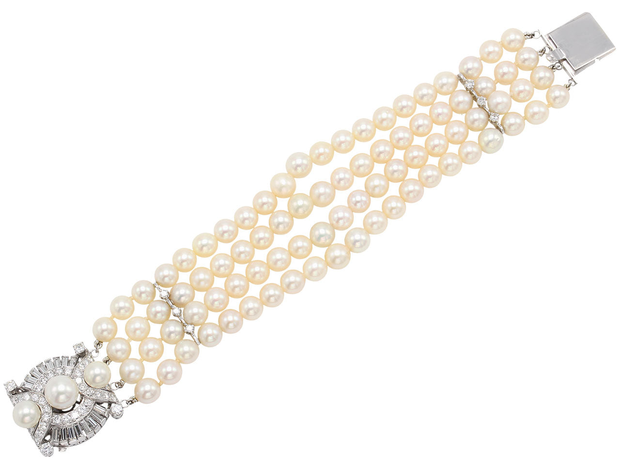 Four Strand Cultured Pearl and Diamond Bracelet in Platinum