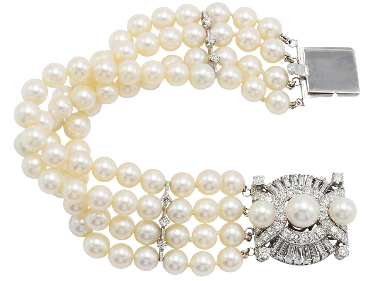 Four Strand Cultured Pearl and Diamond Bracelet in Platinum