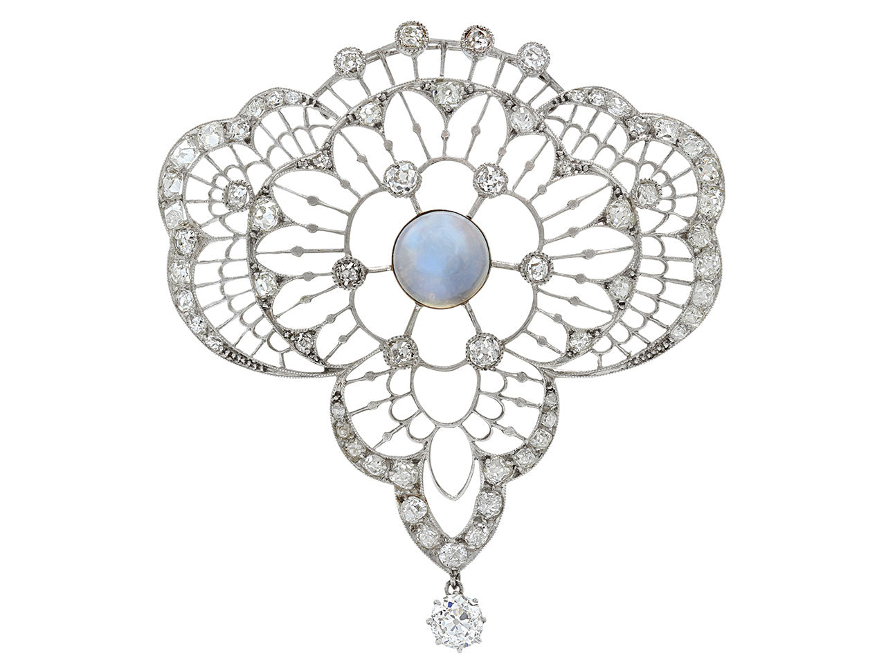 Antique Edwardian Moonstone and Diamond Brooch in Platinum